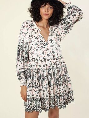 Hale Bob White Floral Tiered Mini Dress with Black & Pink Accents